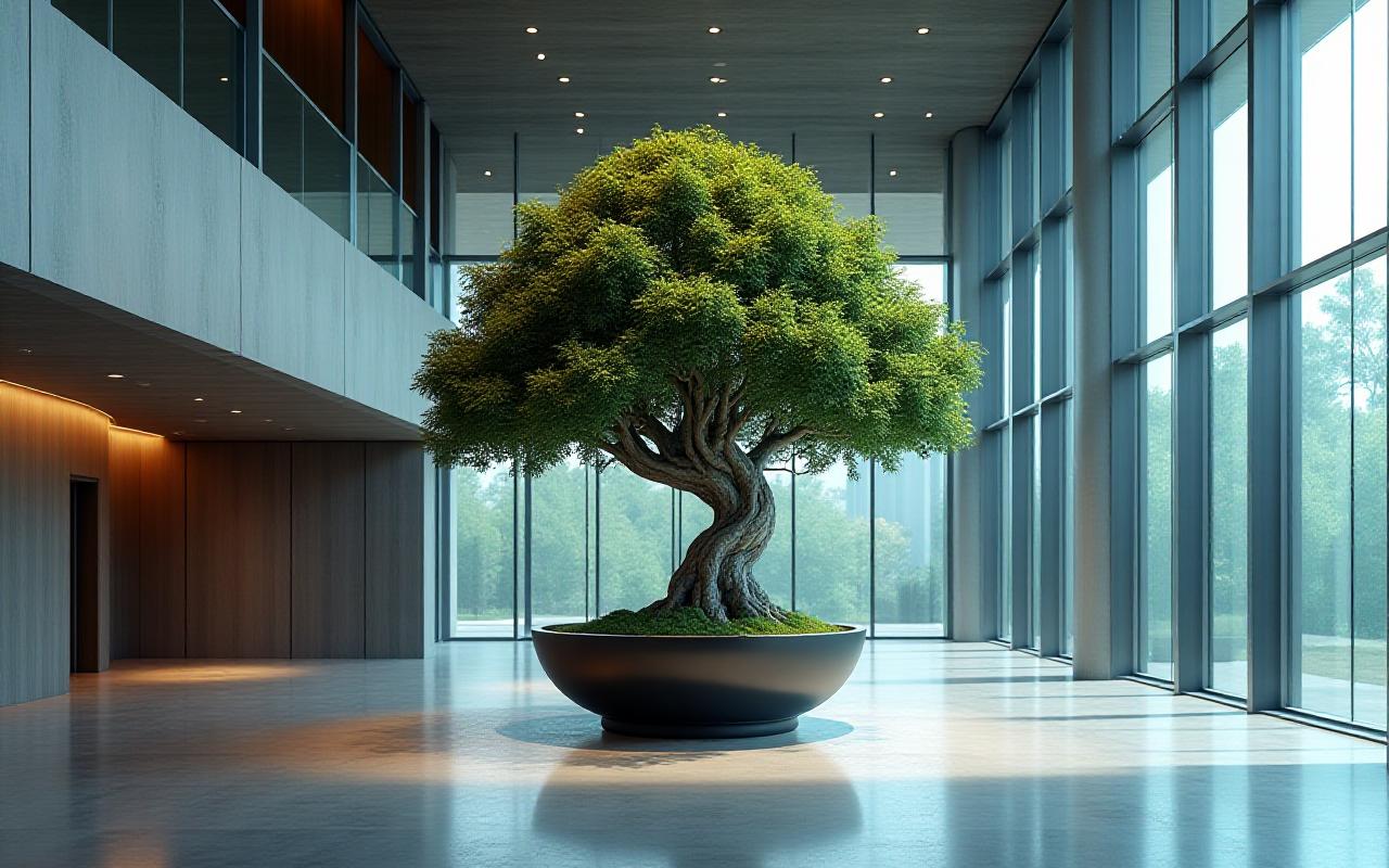 モダンなITオフィスに飾られた洗練された盆栽