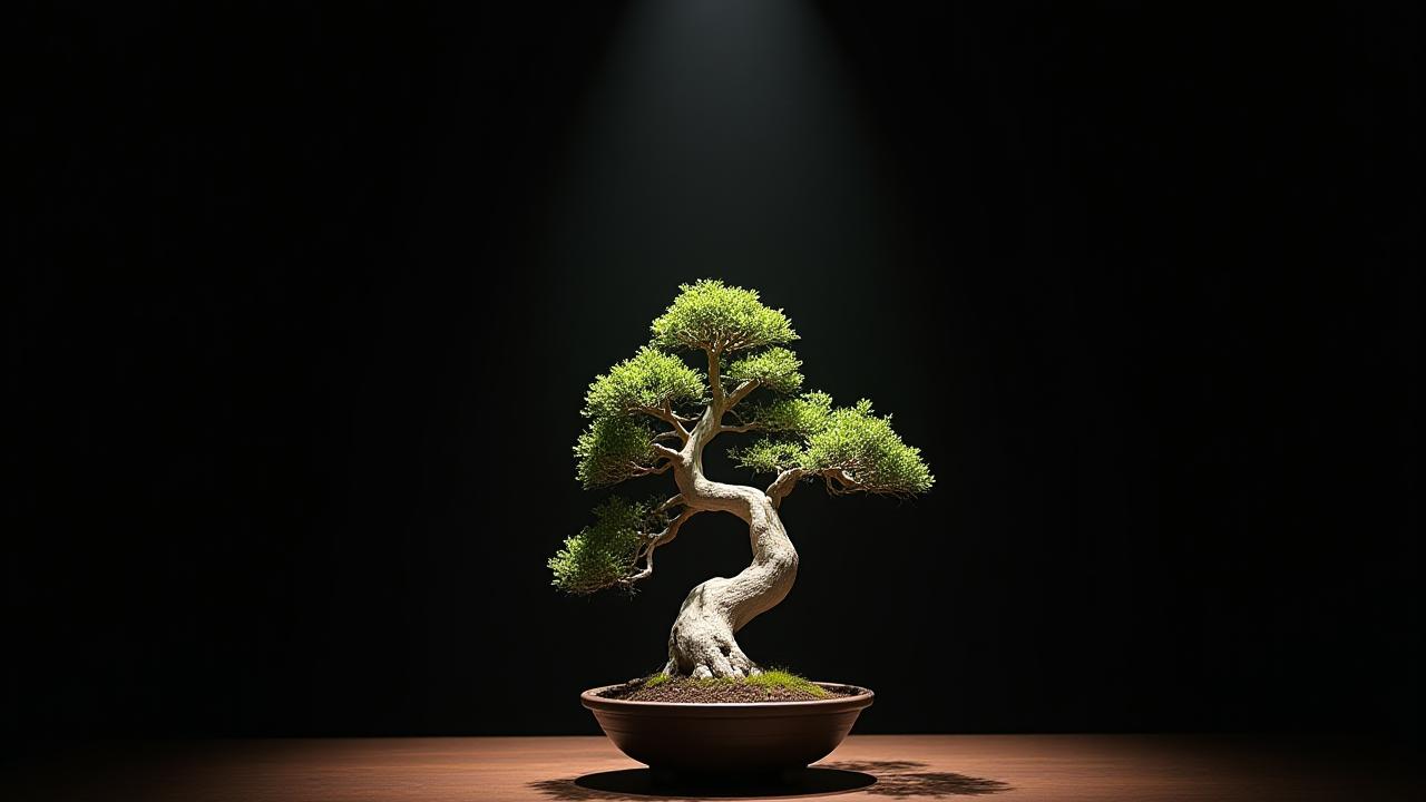 静寂の中で光に包まれる高級盆栽の展示風景