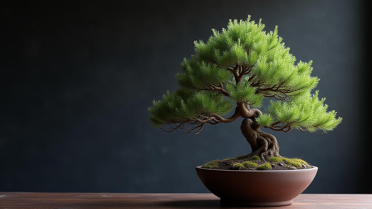 静寂な空間に置かれた伝統的な盆栽